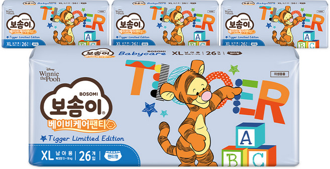 보솜이 베이비케어 티거 팬티형 기저귀 남아용, 104매, 특대형(XL)