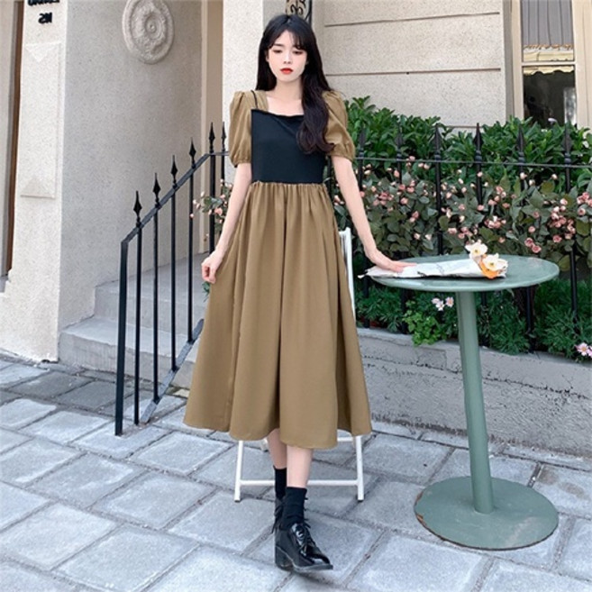 Otion 女款赫本風傘狀半身裙洋裝, 卡其色