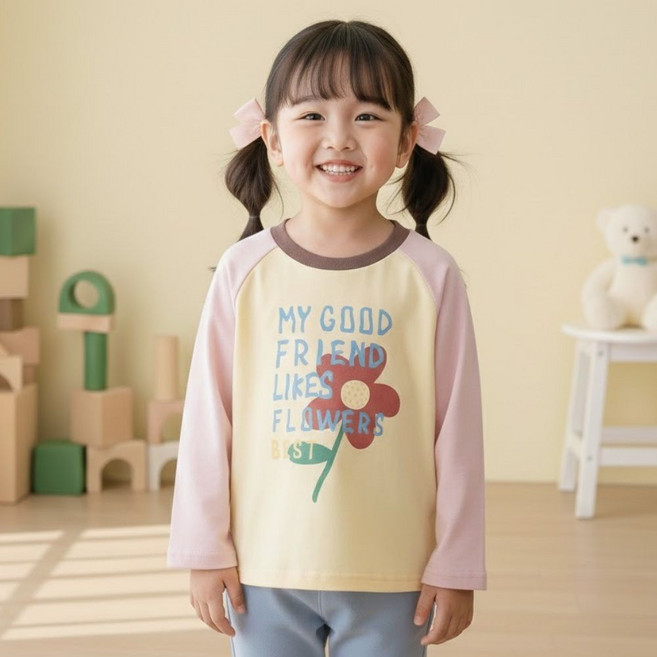 하라로이 아동용 버터핑크 플라워 배색 나그랑 긴팔 티셔츠