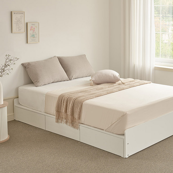 퍼리든 엔클라 무헤드 3단 서랍 침대 + 포켓스프링 롤팩 매트리스 방문설치, 화이트