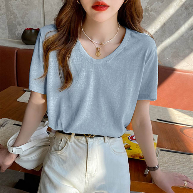 앤드스타일 여성용 냉감 통기성 쿨베이직 U넥 린넨 반팔 티셔츠 260907