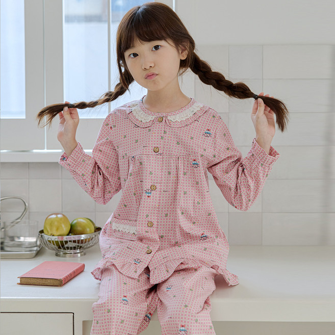 찌니야 여아용 학생 럭키 40수 순면 긴팔 잠옷 상하의 세트