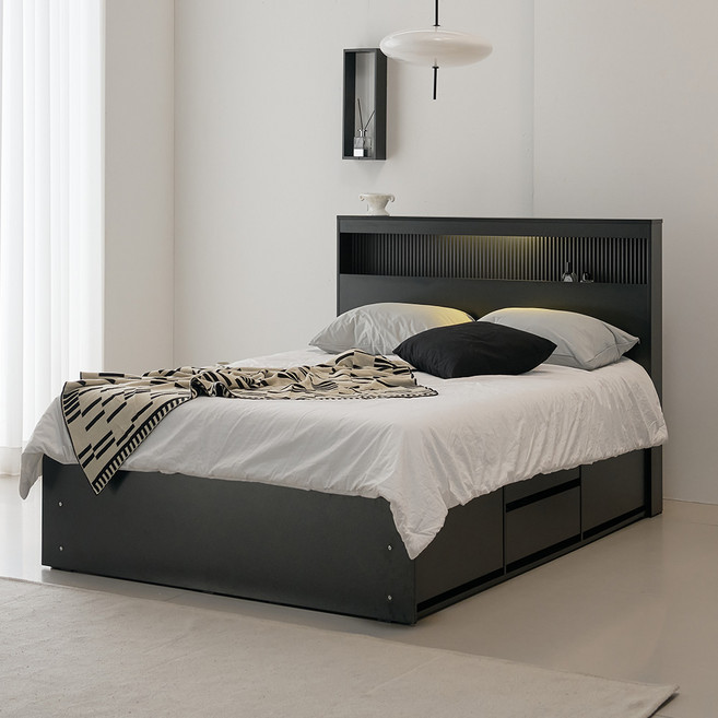 웰퍼니쳐 헤일로 LED 호텔식 수납 침대프레임 단품 방문설치, 블랙