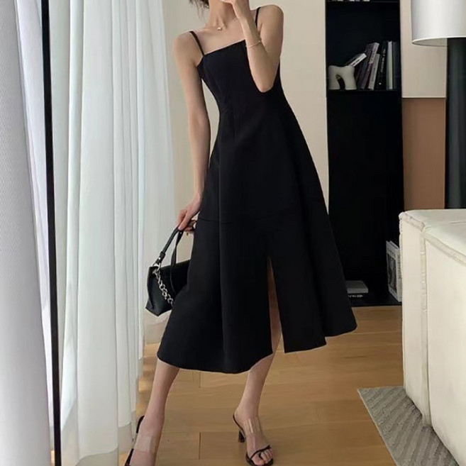 MarketA 女款簡約開衩無袖連身裙 M261-0131B, 黑色