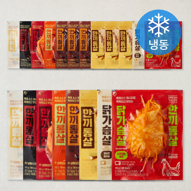 한끼통살 닭가슴살 데리야끼 4p + 갈릭 2p + 떡볶이 2p + 허니소이 4p + 핵불닭 x2p + 핫양념치킨 2p + 화이트머쉬룸 2p + 스리라차마요 2p 세트 (냉동), 100g, 1개입, 20개