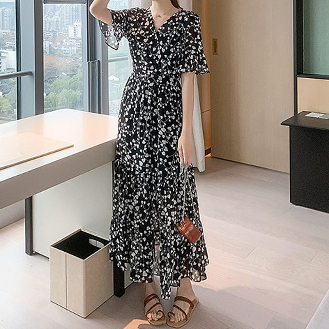 페이퍼먼츠 플라워 패턴 러플 소매 쉬폰 롱 원피스 00019 빅사이즈 포함