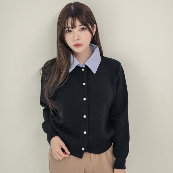 세컨핑크 여성용 페이크 셔츠 카라 레이어드 니트 가디건