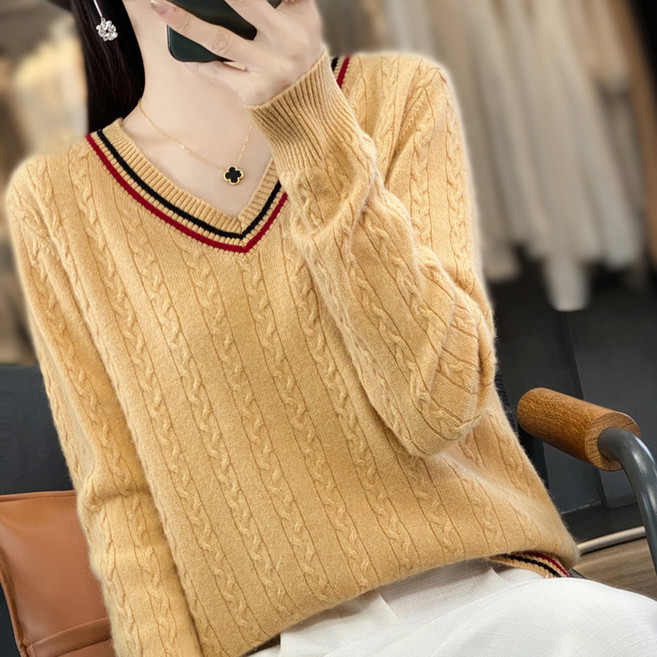 The Syrup 女款麻花撞色線條V領長袖針織衫