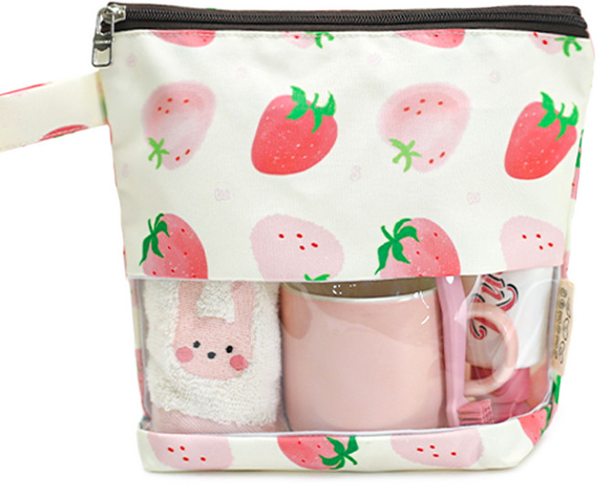 세맘스 방수 투명 TPU 수건 파우치, 딸기라떼