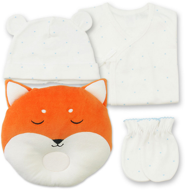 베이비베어 유아용 하트 배냇저고리 + 손싸개 + 신생아모자 + 여우짱구베개 세트