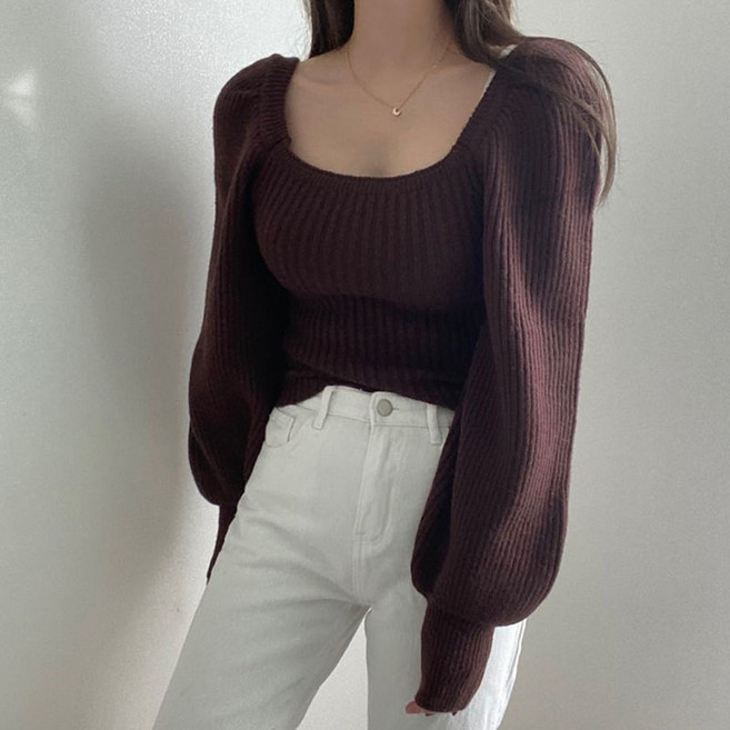 I AM MONG 女款Vibe方領泡泡袖針織衫