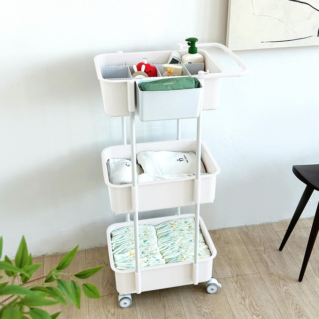 플라팜 2세대 코코맘 일반형 이동식트롤리 3단 + 긴 칸막이 2p + 작은 칸막이 2p + 보조바구니, 아이보리, 1세트