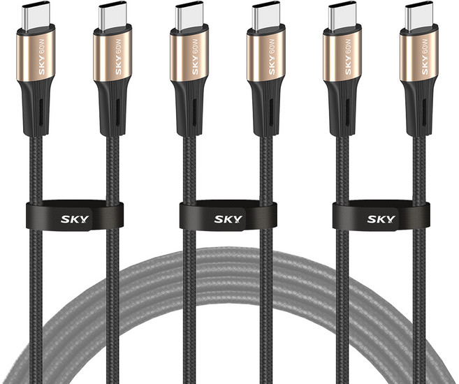 SKY 비트 60W PD PPS C타입 고강도 패브릭 초고속충전 골드 메탈 케이블, 200cm, 3개, 블랙