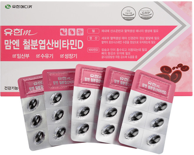 유한메디카 맘엔 철분 엽산 비타민D 500mg, 2개, 60정