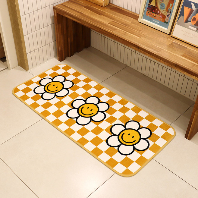 부엌다옴 체크 데이지 주방 발매트, 옐로우