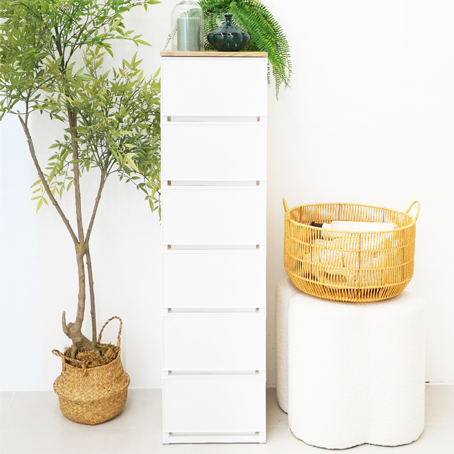 엠비코 우든 슬림 우드상판 서랍장, 화이트, 6단