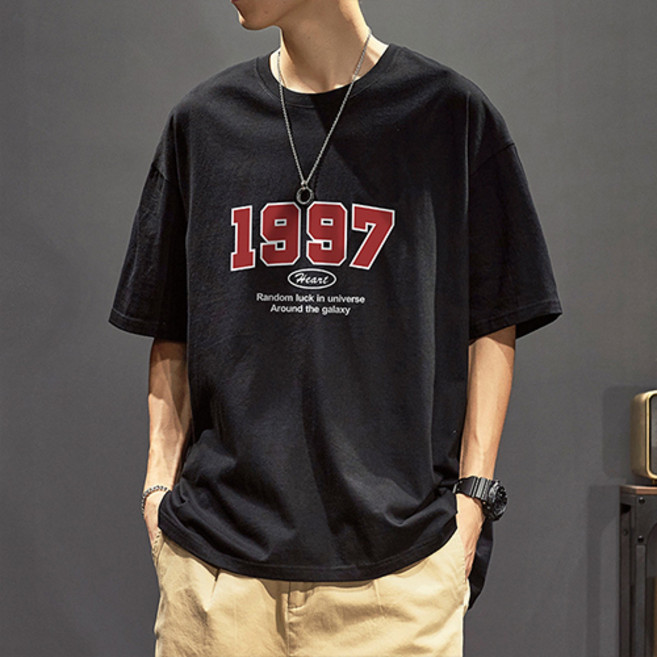 패션플로우 남성용 통기성 1997 레트로 레터링 반팔 티셔츠