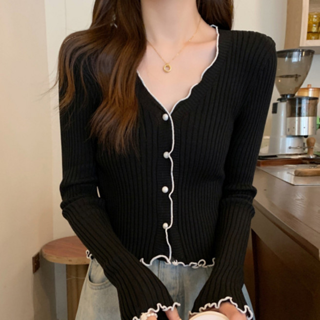 더플로우커머스 여성용 메로우 프릴 브이넥 니트 크롭 슬림핏 가디건