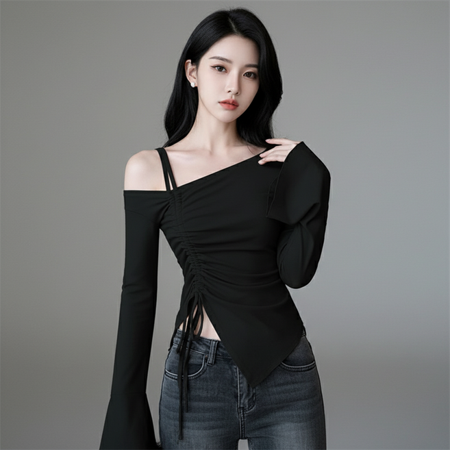 Marketpia 女性露肩抓皺長袖上衣