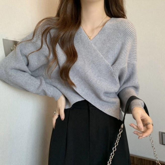 더플로우커머스 여성용 러블리 무드 브이넥 크로스 랩 긴팔 니트 티셔츠