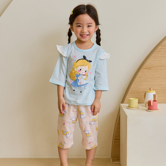 올로미미 키즈라인 여아용 자카드 티파티프릴 7부 실내복 세트