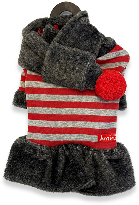 아트멍 강아지 스트라이프 원피스 목도리 세트, 레드, 1세트