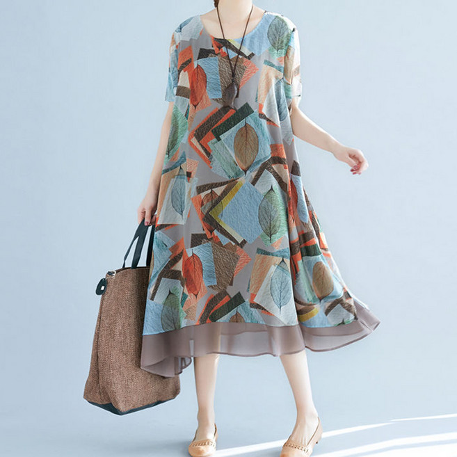 Atelic Mirage 雪紡夏季長版連身裙 10312 含大尺碼, 藍色葉子