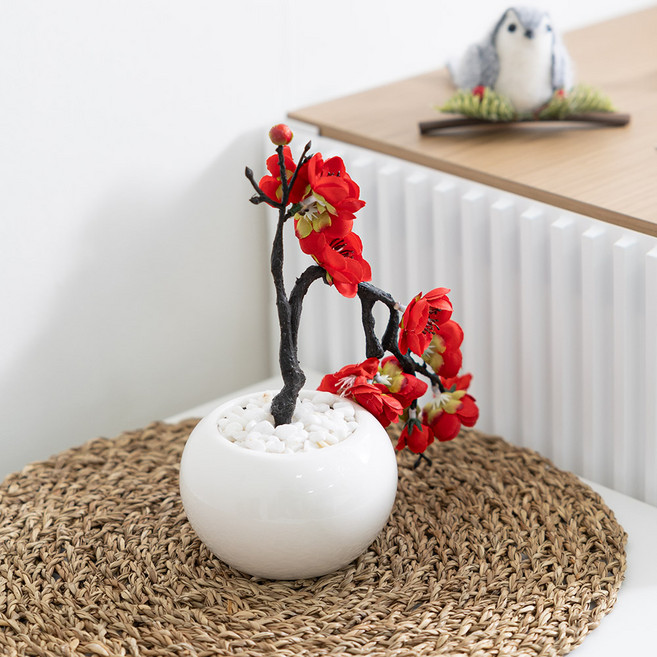 플라워트리 조화 봄날 자갈위 한그루 매화 + 화분 21 x 22 cm 세트, 레드, 1개