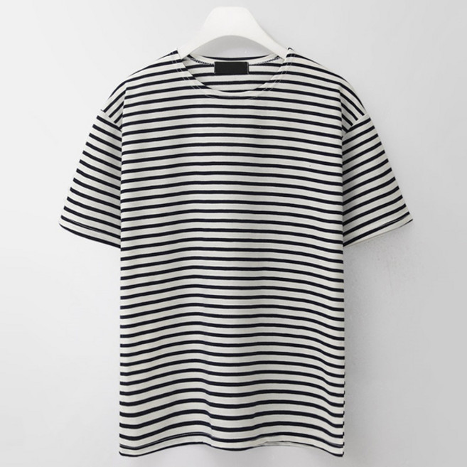 M.N.C 男女通用毛圈布條紋短袖T恤 MDST817SO, 黑色