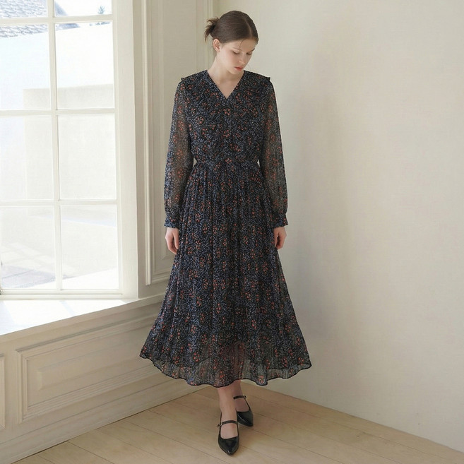 ab.f.z 女款荷葉邊V領雪紡長版洋裝 AFY1HO36, 黑色