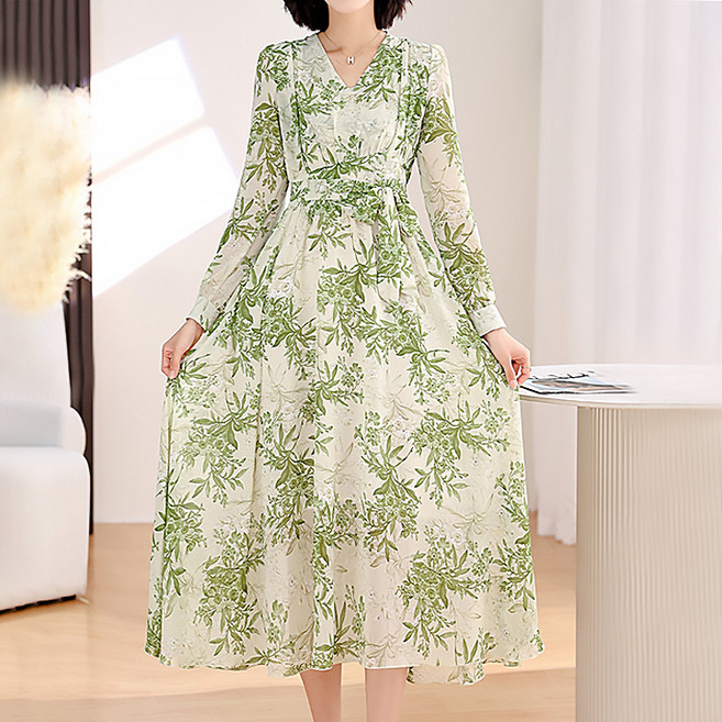 퀸이즈 여성용 리프 가든 프린팅 벨티드 원피스
