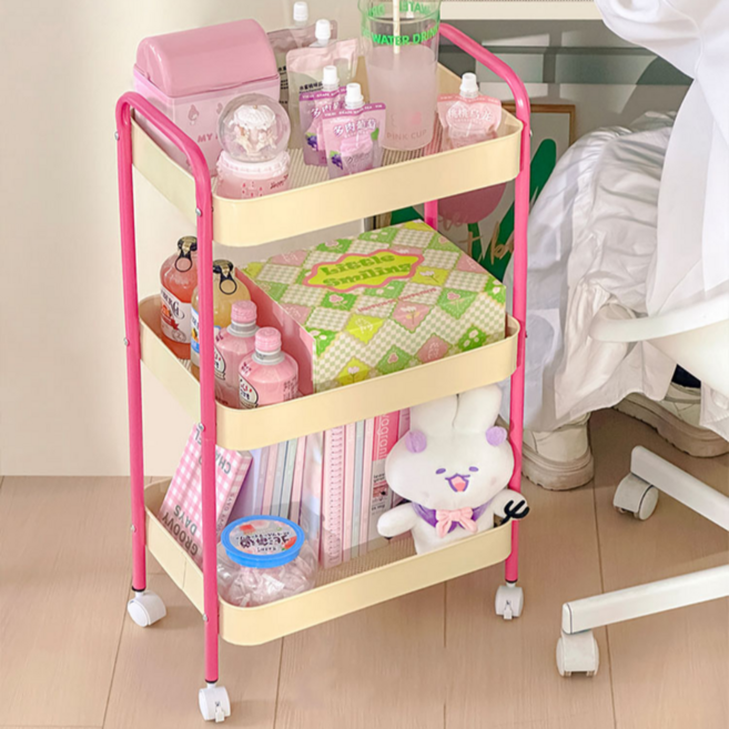 루셀리아 투컬러 이동식 철제 트롤리, 옐로우핑크, 3단