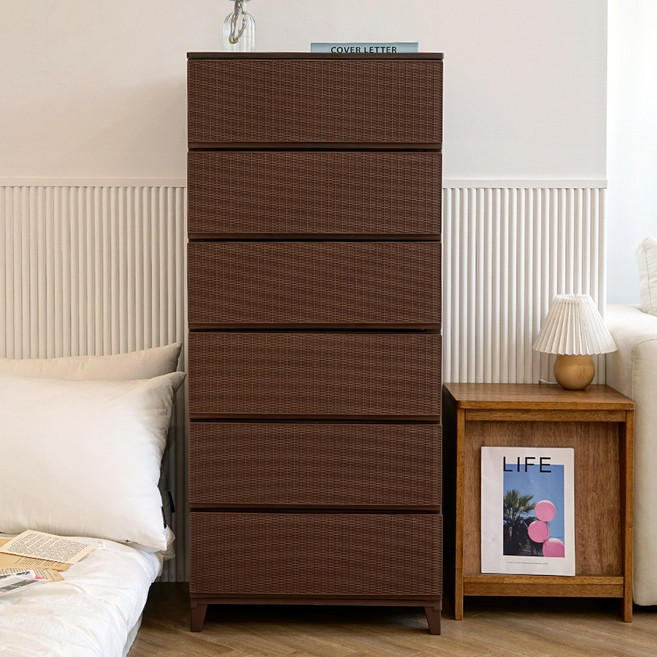 보노하우스 에버 라탄 우드상판 와이드 서랍장 6단, 브라운, 1개