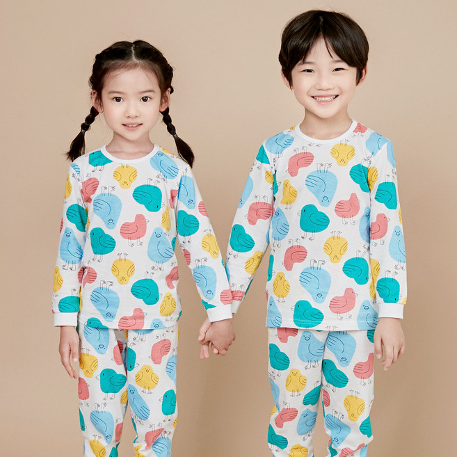 올로미미 아동용 버드 프렌즈 30수 편면 9부 실내복 세트