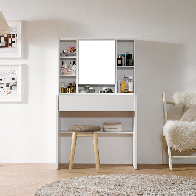 파로마 에일리 수납화장대 800 + 원목 쿠션 스툴 방문설치, 화이트 + 트위트브라운
