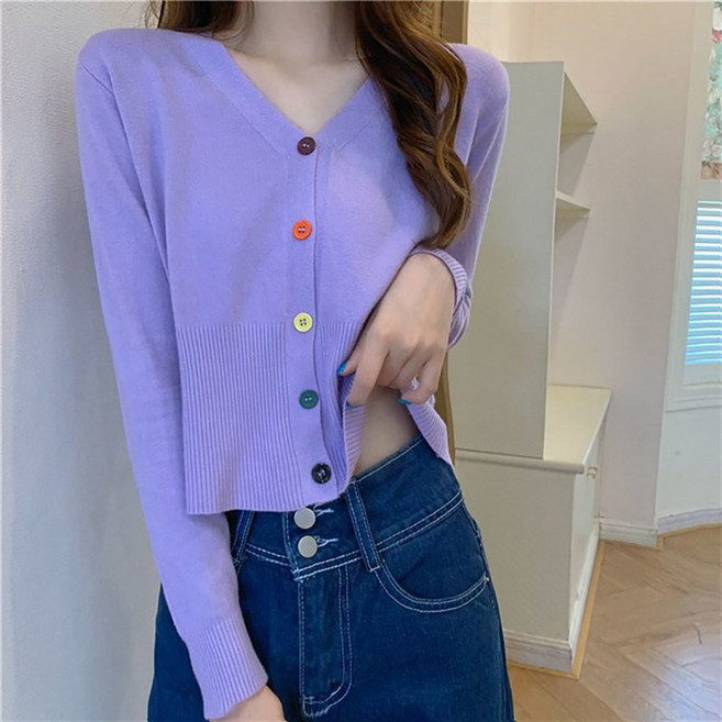 페이퍼먼츠 여성용 레보 컬러 브이넥 세미 크롭 가디건 13987