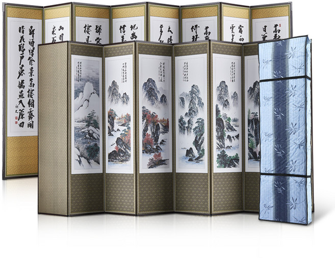 남원목기공예사 국산 이중배접 추사 8폭 산수화 병풍 + 3중 누빔커버, 1세트