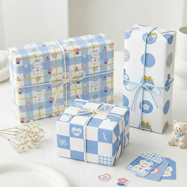 리드홈 포장이 쉬운 예쁜 생일선물 종이 포장지 70 x 50 cm 3종 x 2p 세트, 곰돌이, 1세트