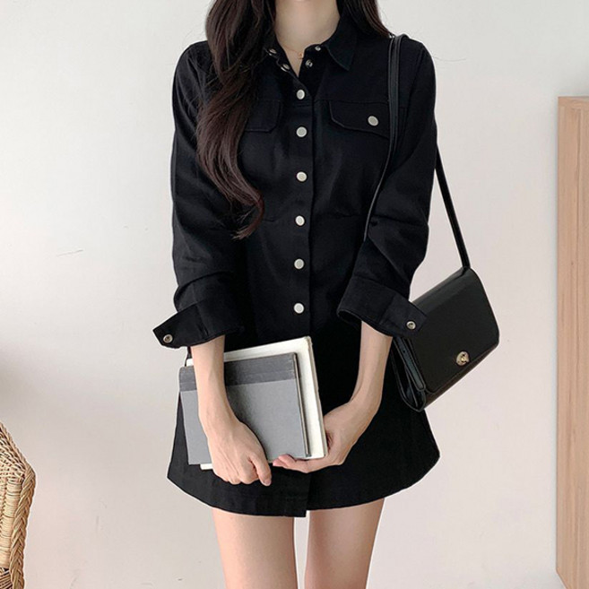 LUNA GIRL 女款Monoraf長袖襯衫式洋裝 L26SPOPS120829, 黑色