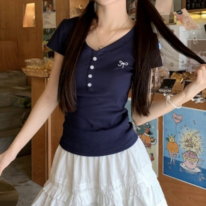 아이엠몽 여성용 베이직핏 헨리넥 골지 리본 포인트 반팔 티셔츠 R6H008