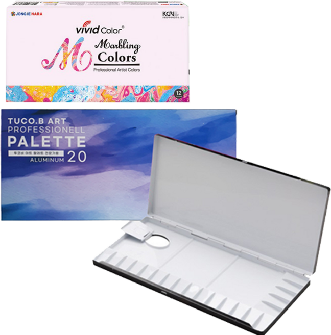 투코비 프리미엄 알루미늄 미술용 팔레트 + 종이나라 마블링 물감 12종 x 12ml 세트, 1세트, 20칸