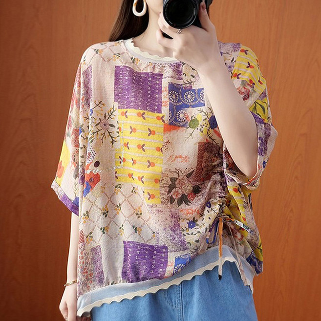 Queenis 女款帆布印花抓皺短袖T恤