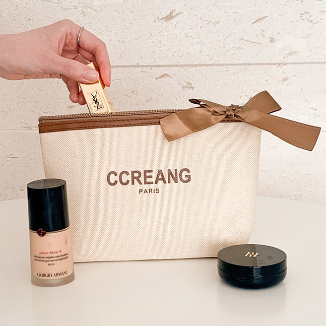 끄레앙 리본장식 캔버스 소재 중형 화장품 파우치 P1504