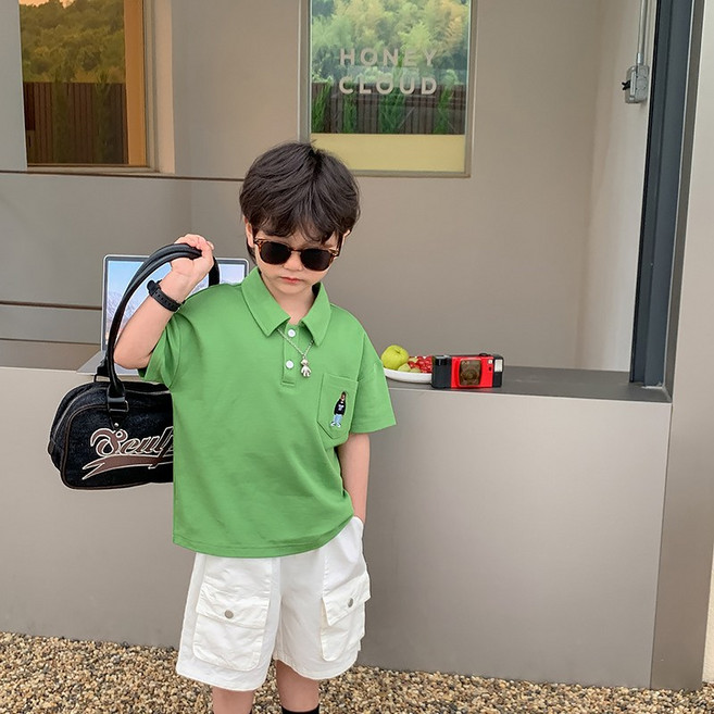 베베니즈 아동용 자수 포켓 심플 카라 반팔 티셔츠