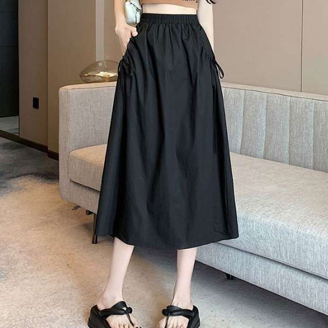 TheSirup 女款側邊抓皺中長A字裙