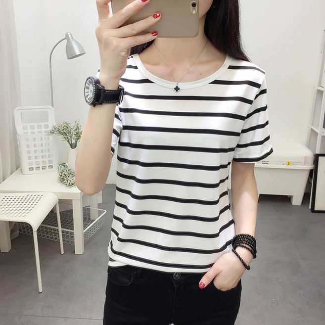 마켓피아 여성용 심플 캐주얼 스트라이프 반팔 티셔츠
