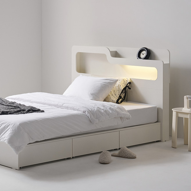 도모 폴더 LED 3단 수납형 침대 프레임 단품 방문설치, 화이트