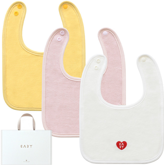 베이비앤아이 유아용 스퀘어 테리 침 턱받이 3종 A 세트, 백아이보리, 코랄 핑크, 옐로우, 1세트