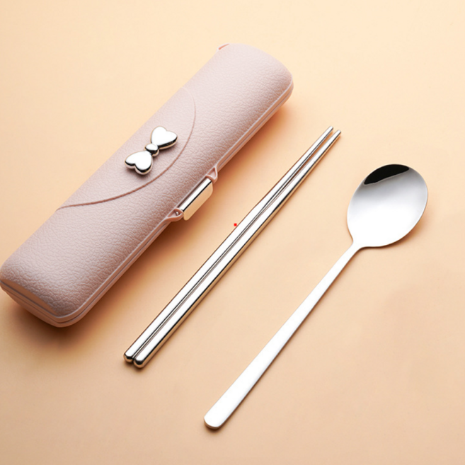 수저 세트, 핑크, 숟가락 + 젓가락 + 케이스, 1세트