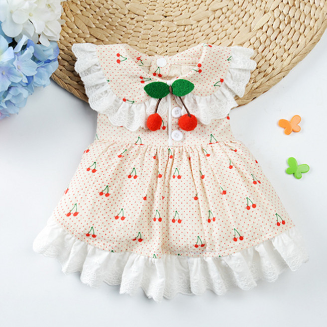 반려동물 체리 콕콕 레이스 프릴 원피스, 베이지, 1개